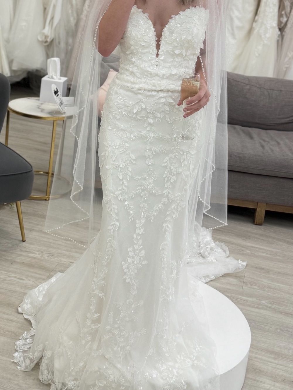 Ivory Floral Lace Fit-and-Flare Wedding Gown with Sweetheart Neckline